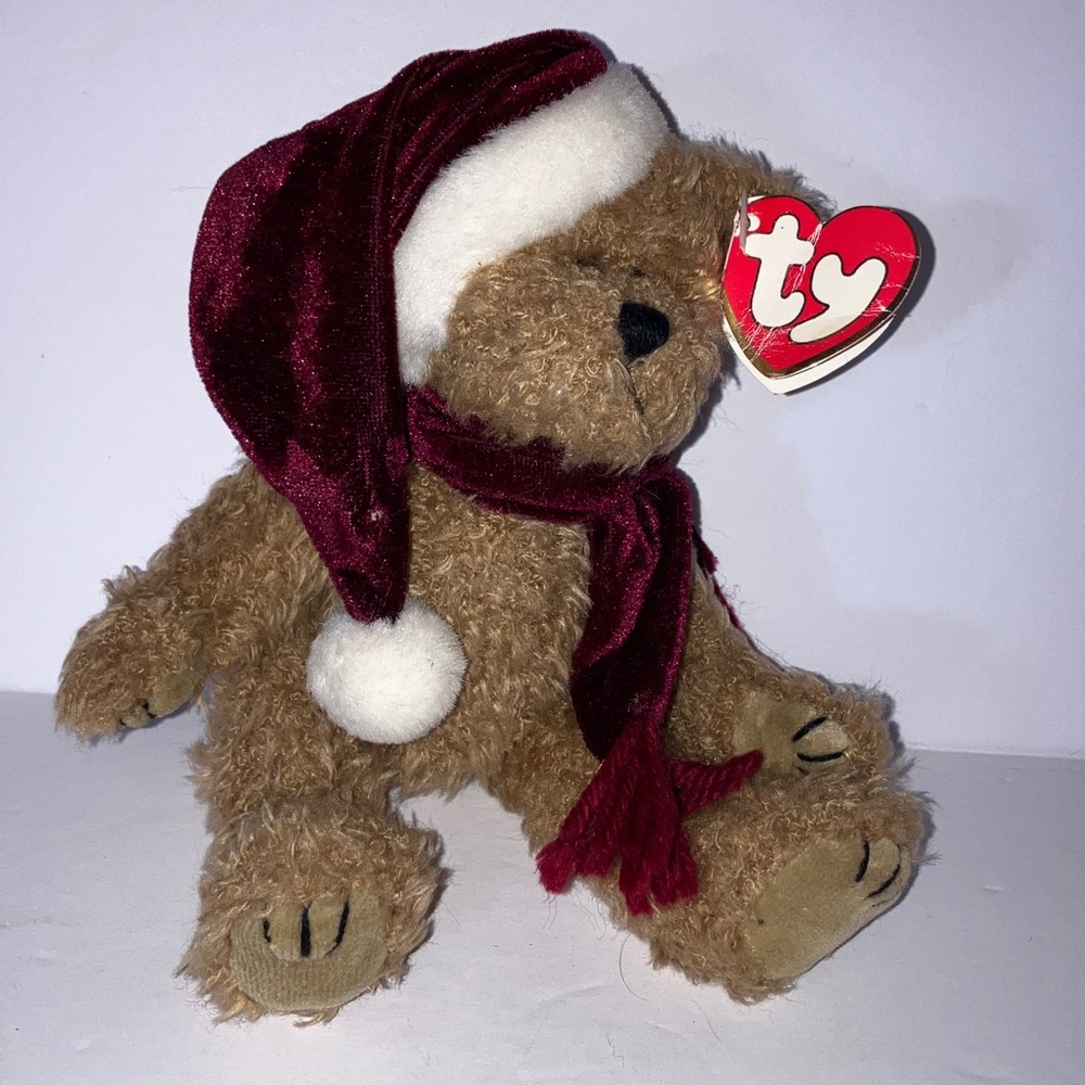 1993 Ty Jangle Bear with Deep Red Velvet Hat & Scarf 9”